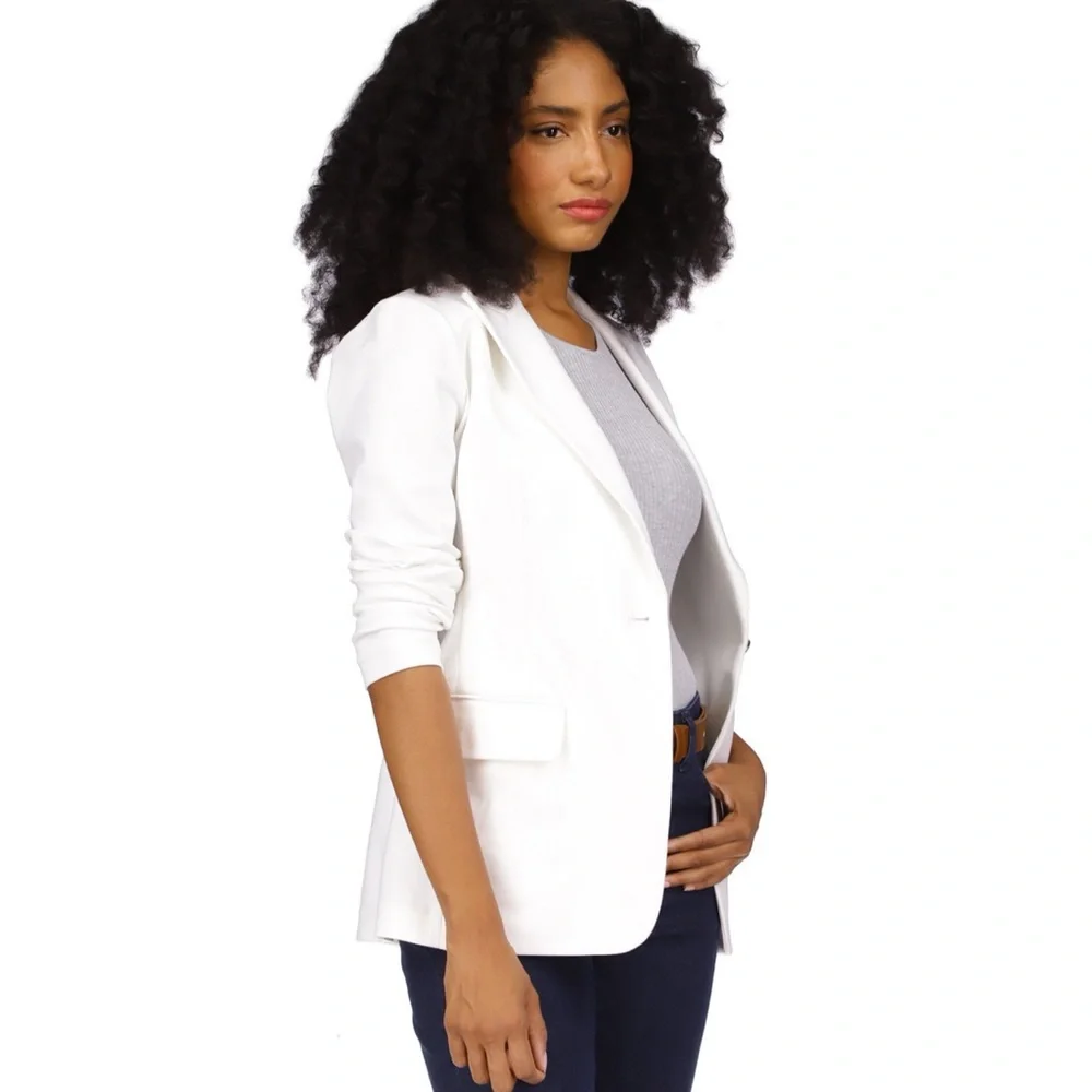 MICHAEL Kors White Ponte Knit Notch Lapel Long Sleeve Button Front Blazer - Picture 5 of 12
